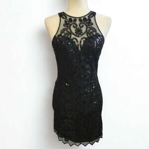 Red Dress‎ Black Sequin Beaded Mesh Cocktail Party Bodycon Mini Dress Small